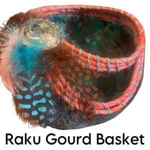 Basket Gourd with Raku finish - Artist made by Martha Cline Turquoise Feathers